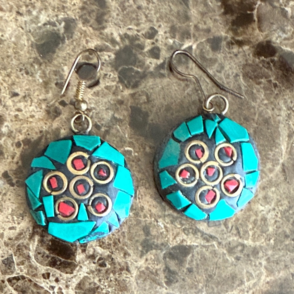 Turquoise and Red Mosaic pierced Earrings from Nepal vintage handmade brass back
